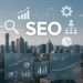 Mississauga skyline with SEO icons, charts, and analytics graphics — search engine optimization and website growth concept by Mooxo Media.