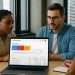 Marketing team analyzing Google Ads campaign performance on laptop during strategy meeting.