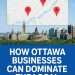 Ottawa skyline and Google Maps illustration with red location pins — local SEO and Google Map Pack ranking concept by Mooxo Media.